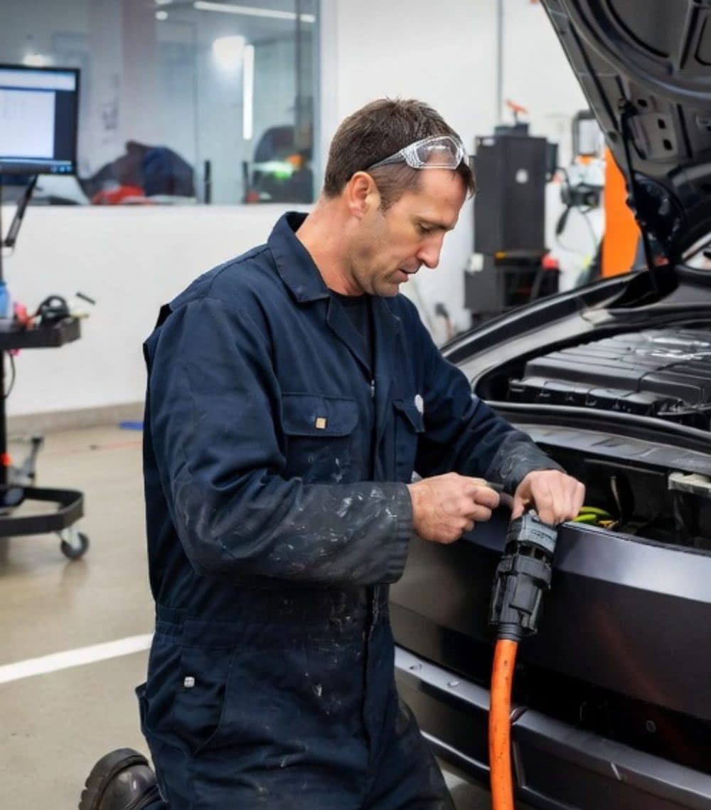 A technician connecting a charging cable to an electric vehicle